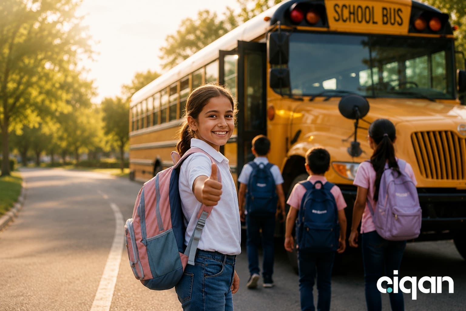 Students boarding a school bus in Saudi Arabia